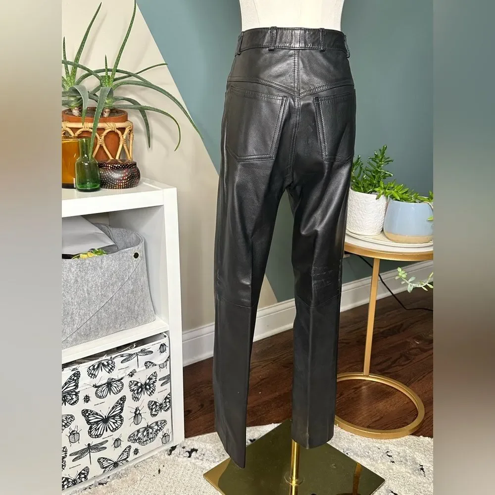 Vintage 90s Maglia Black Leather Pants High-Waisted Straight-Leg USA Made Sz 8 - Picture 4 of 11
